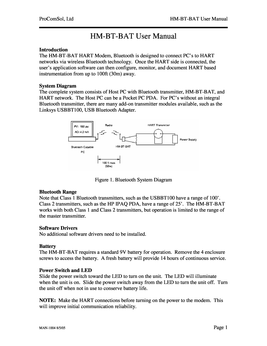 Procom HM-BT-BAT user manual Introduction, System Diagram, Bluetooth Range, Software Drivers, Battery 