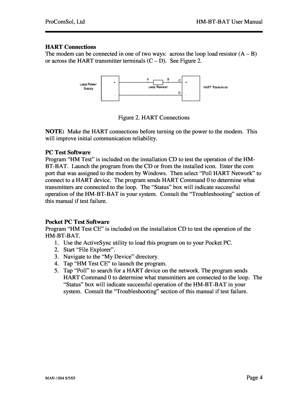 Procom HM-BT-BAT user manual HART Connections, Pocket PC Test Software 