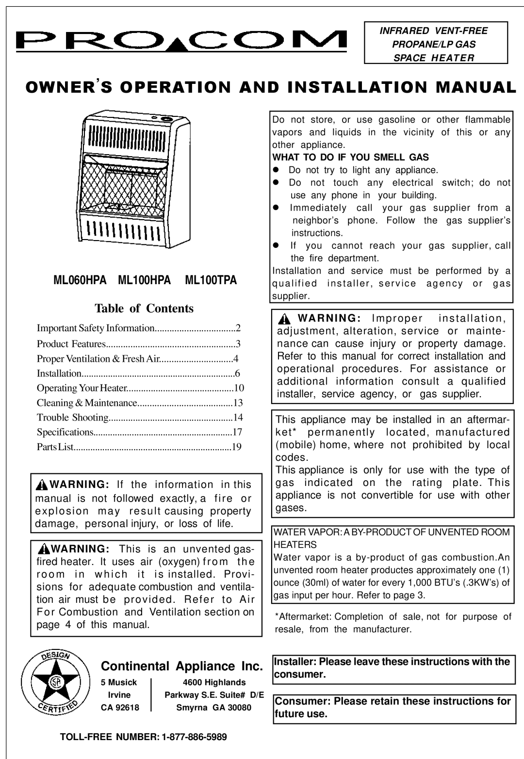 Procom installation manual OWNER’S Operation and Installation Manual, ML060HPA ML100HPA ML100TPA 