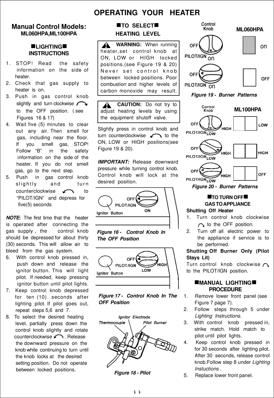 Procom ML100TPA, ML060HPA, ML100HPA Operating Your Heater, Pilot/Ign, To Turn OFF GAS to Appliance, Shutting Off Heater 