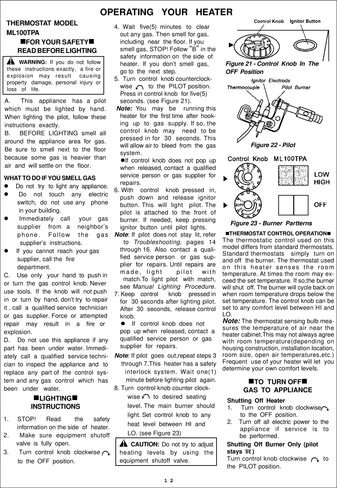 Procom ML060HPA, ML100HPA, ML100TPA installation manual Shutting Off Burner Only pilot, Stays lit 