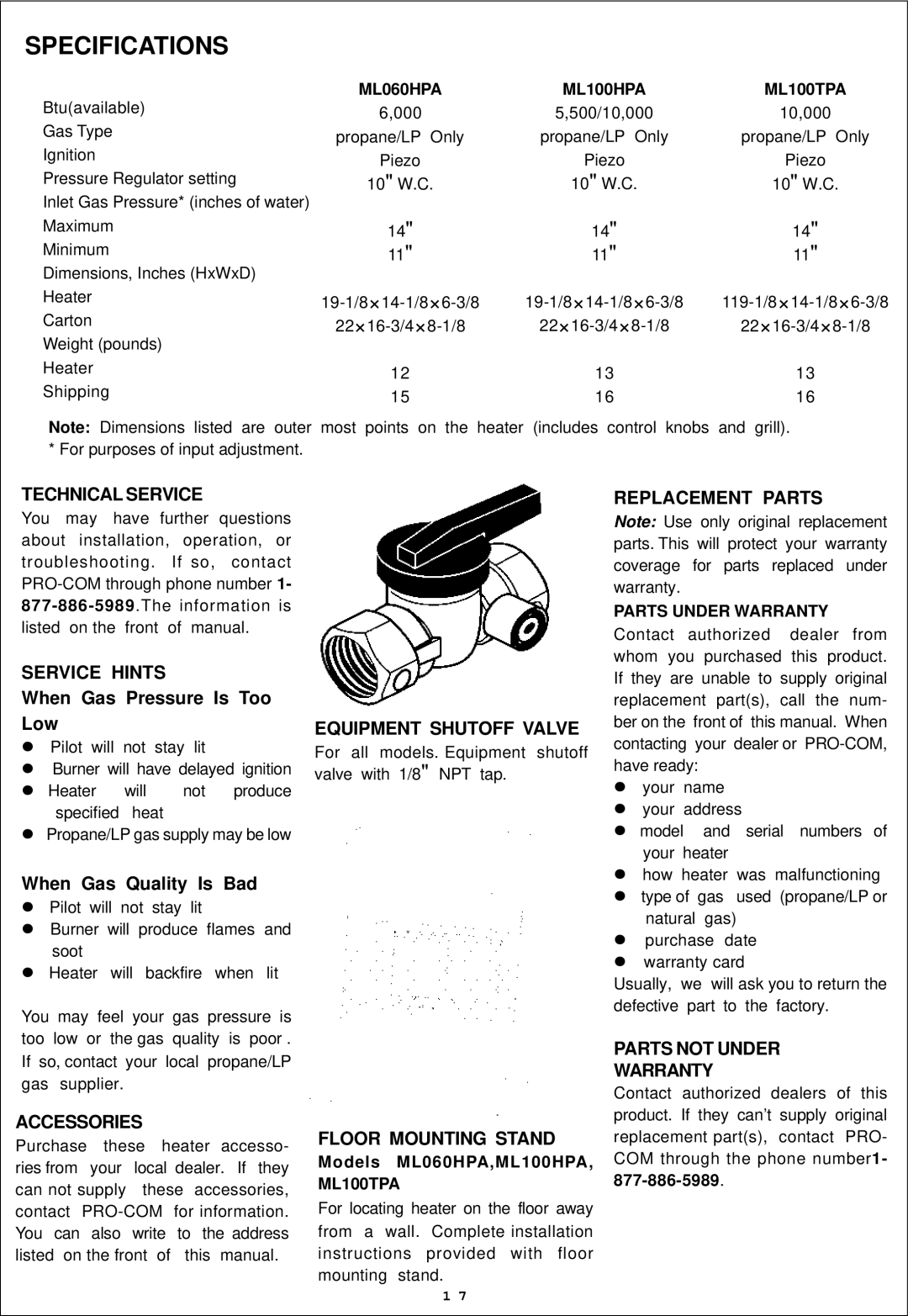 Procom installation manual Specifications, Models ML060HPA,ML100HPA, ML100TPA, Parts Under Warranty 