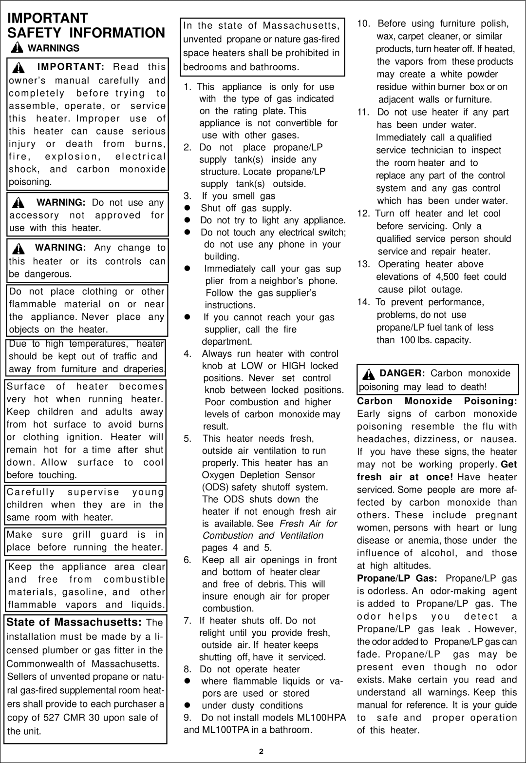 Procom ML100TPA, ML060HPA, ML100HPA installation manual P O R TA N T Read this, Carbon Monoxide Poisoning 