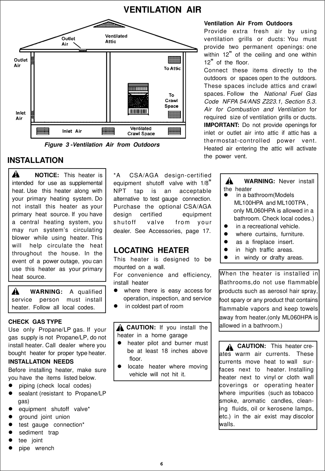 Procom ML060HPA, ML100HPA, ML100TPA Ventilation AIR, Locating Heater, Check GAS Type, Installation Needs 