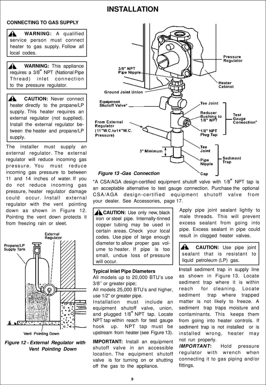 Procom ML060HPA, ML100HPA, ML100TPA Connecting to GAS Supply, Typical Inlet Pipe Diameters, Important Install 