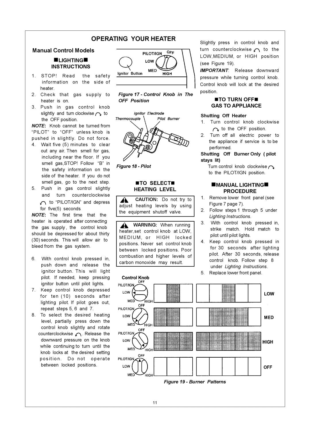 Procom ML250HPA, ML150HPA, ML150TPA Operating Your Heater, Shutting Off Heater, Shutting Off Burner Only pilot stays lit 