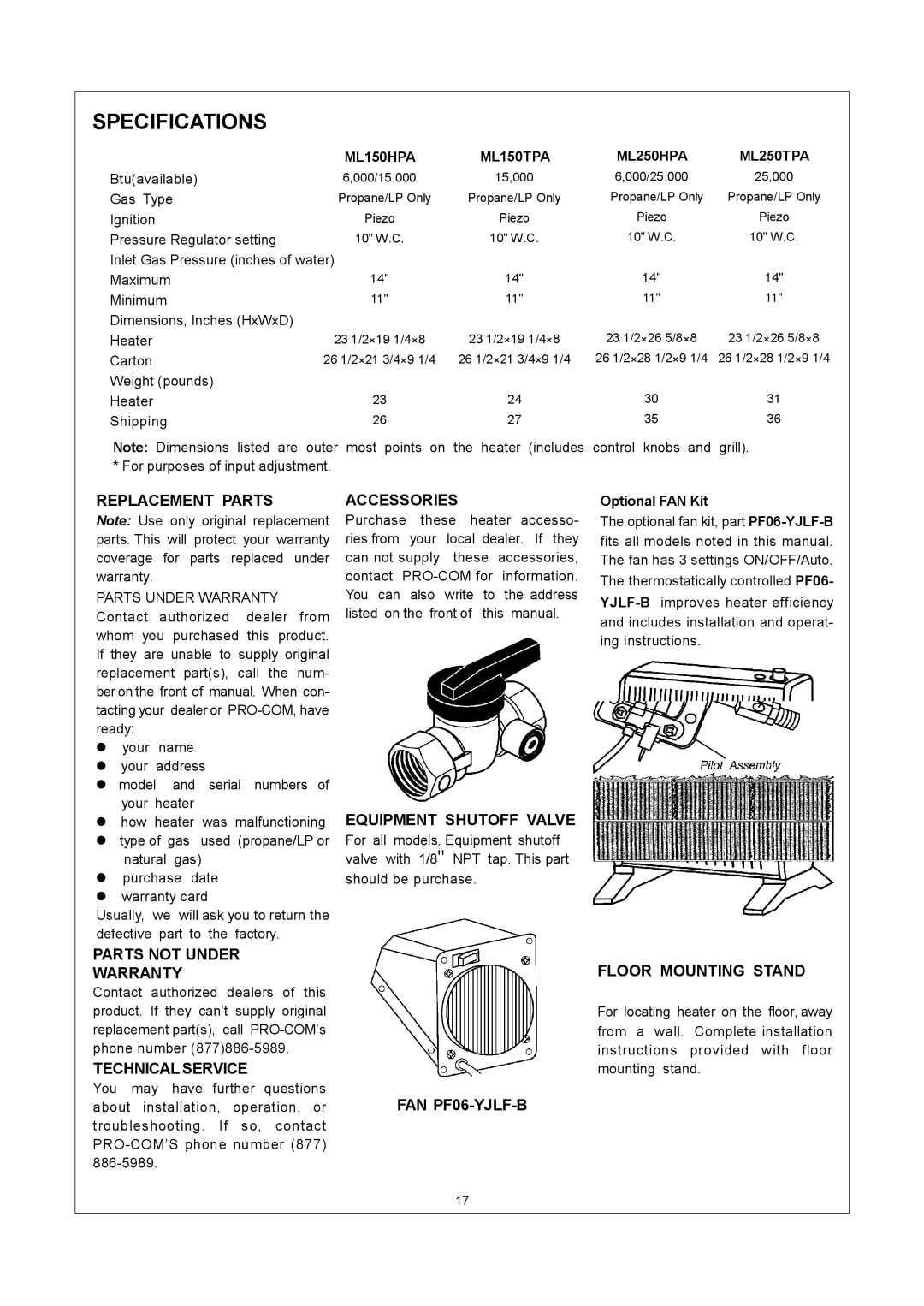 Procom ML250HPA, ML150TPA installation manual Specifications, ML150HPA, ML250TPA, Parts Under Warranty, Optional FAN Kit 