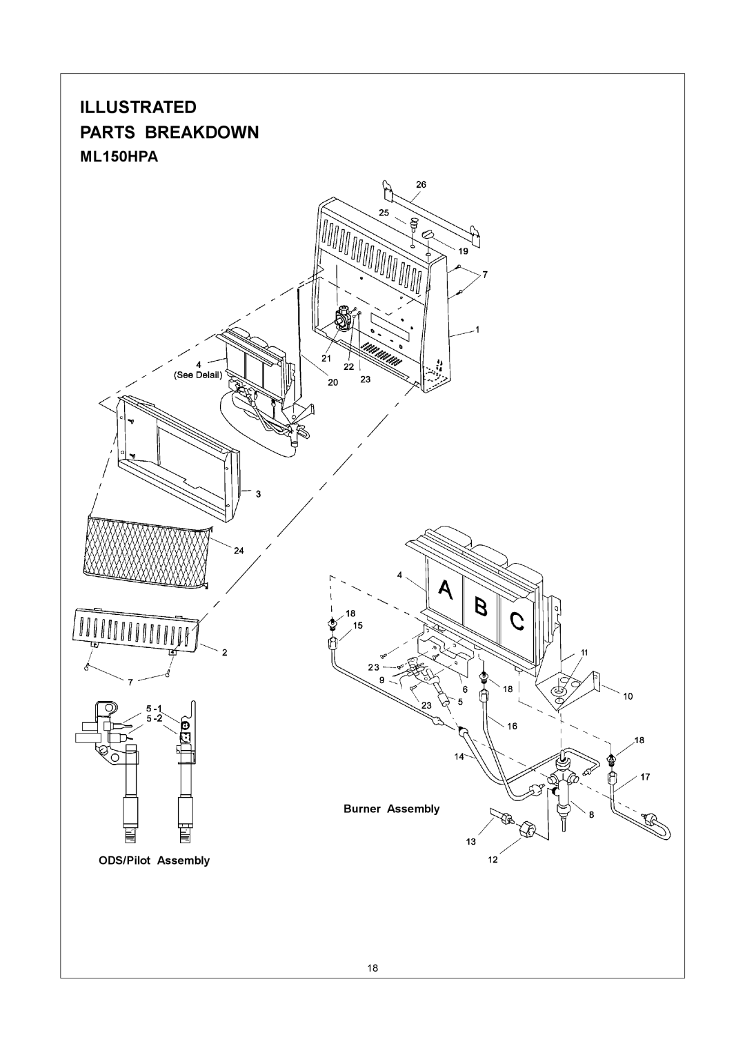 Procom ML150HPA, ML150TPA, ML250HPA installation manual Illustrated Parts Breakdown, Burner Assembly ODS/Pilot Assembly 