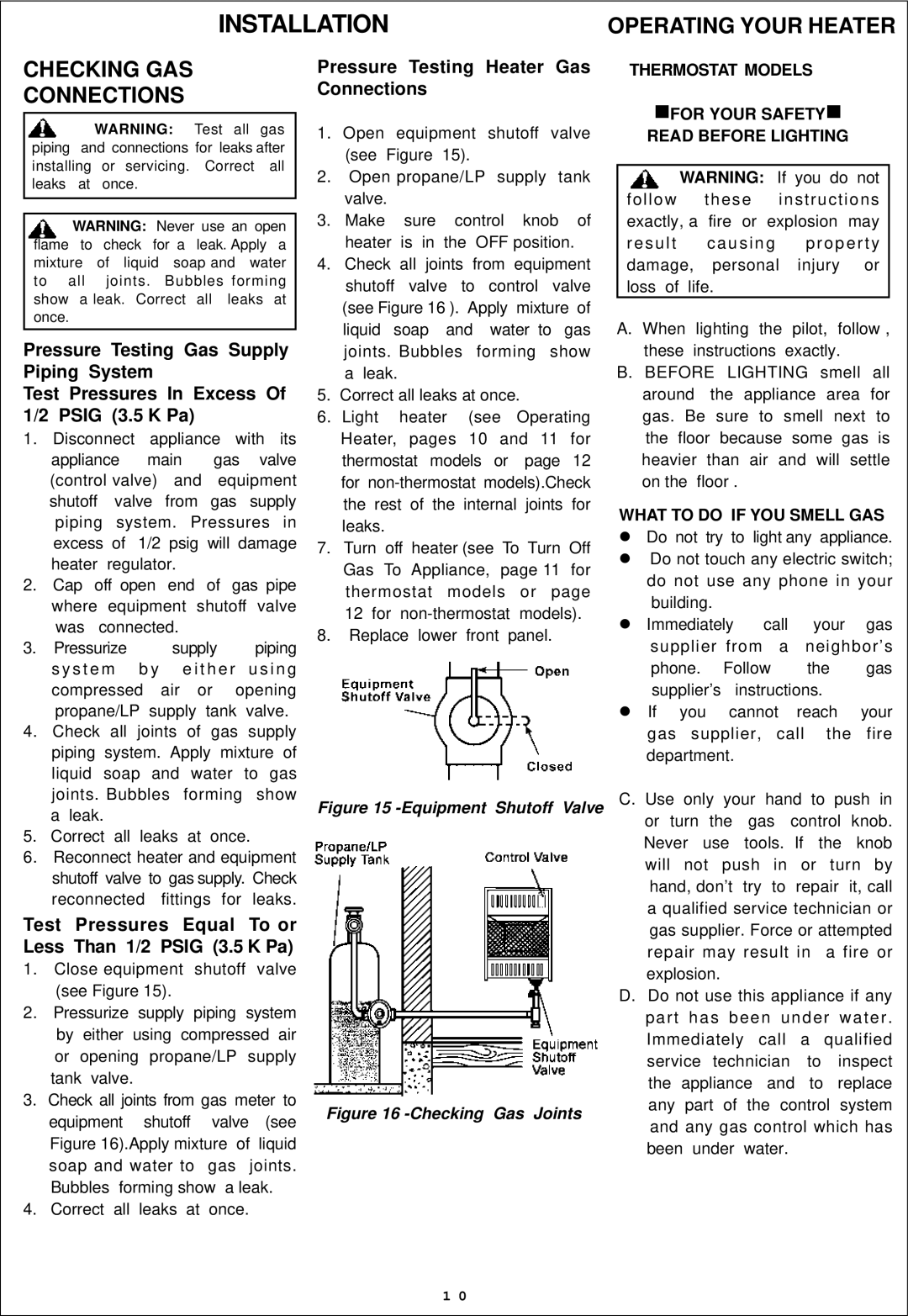 Procom ML300TBA, ML300HBA, ML200TBA Checking GAS Connections, Thermostat Models For Your Safety Read Before Lighting 