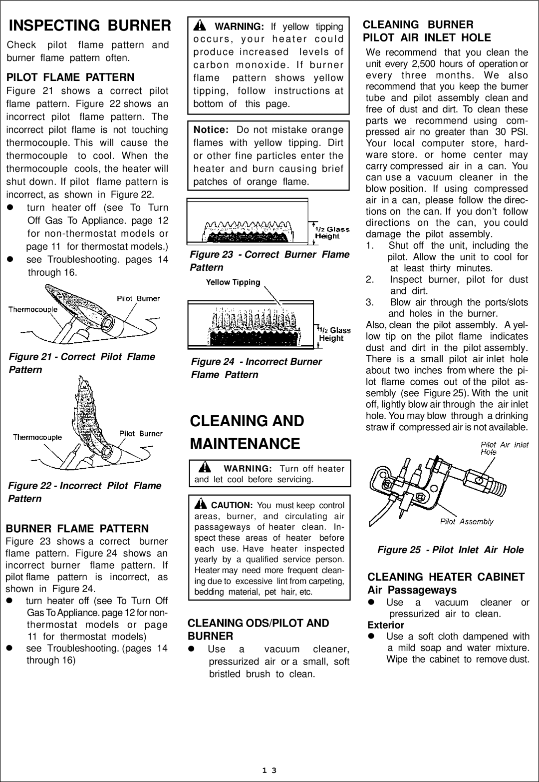 Procom ML200TBA, ML300HBA, ML300TBA Pilot Flame Pattern, Burner Flame Pattern, Cleaning ODS/PILOT and Burner, Exterior 