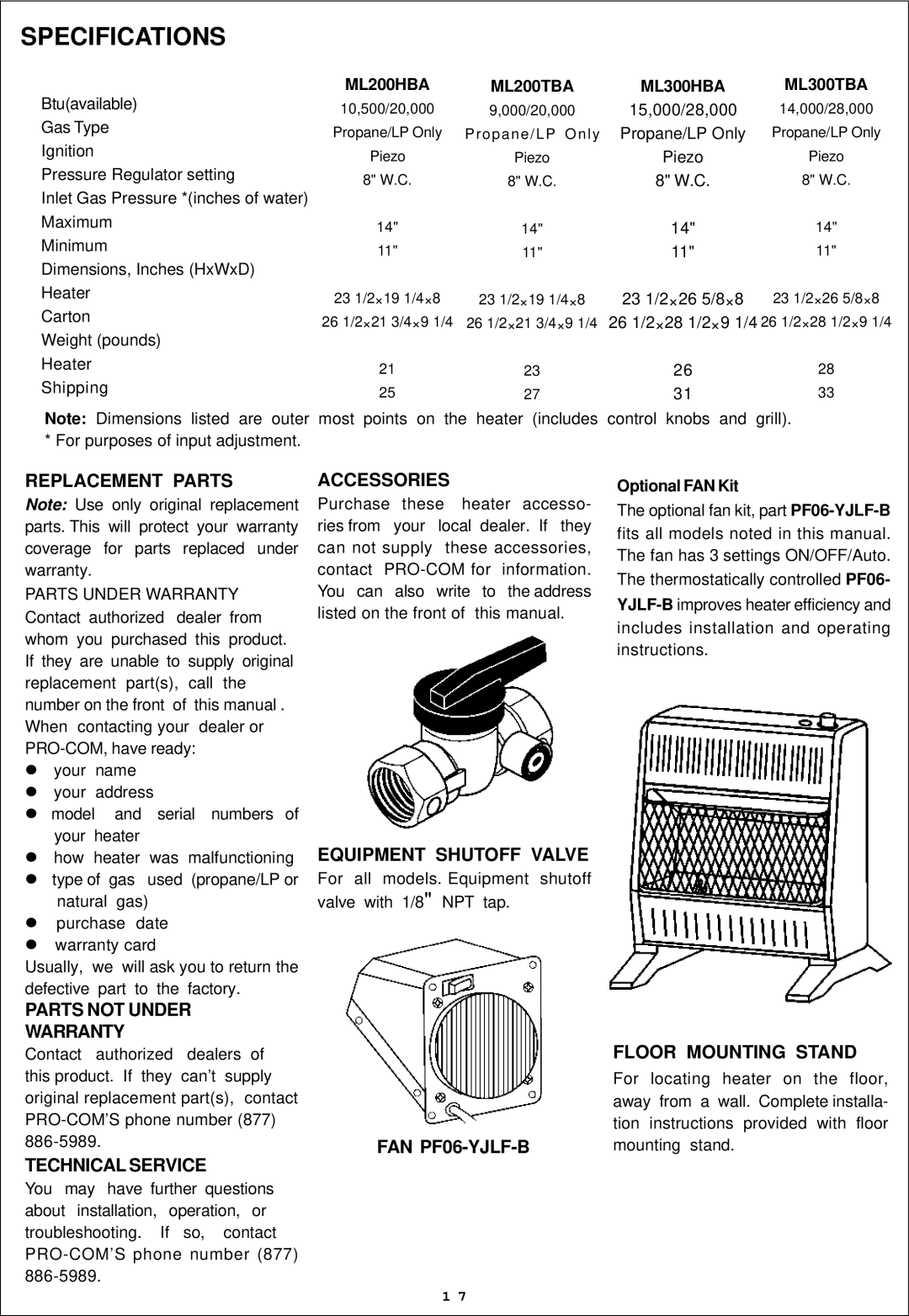 Procom ML200TBA, ML300HBA, ML300TBA, ML200HBA installation manual Specifications 