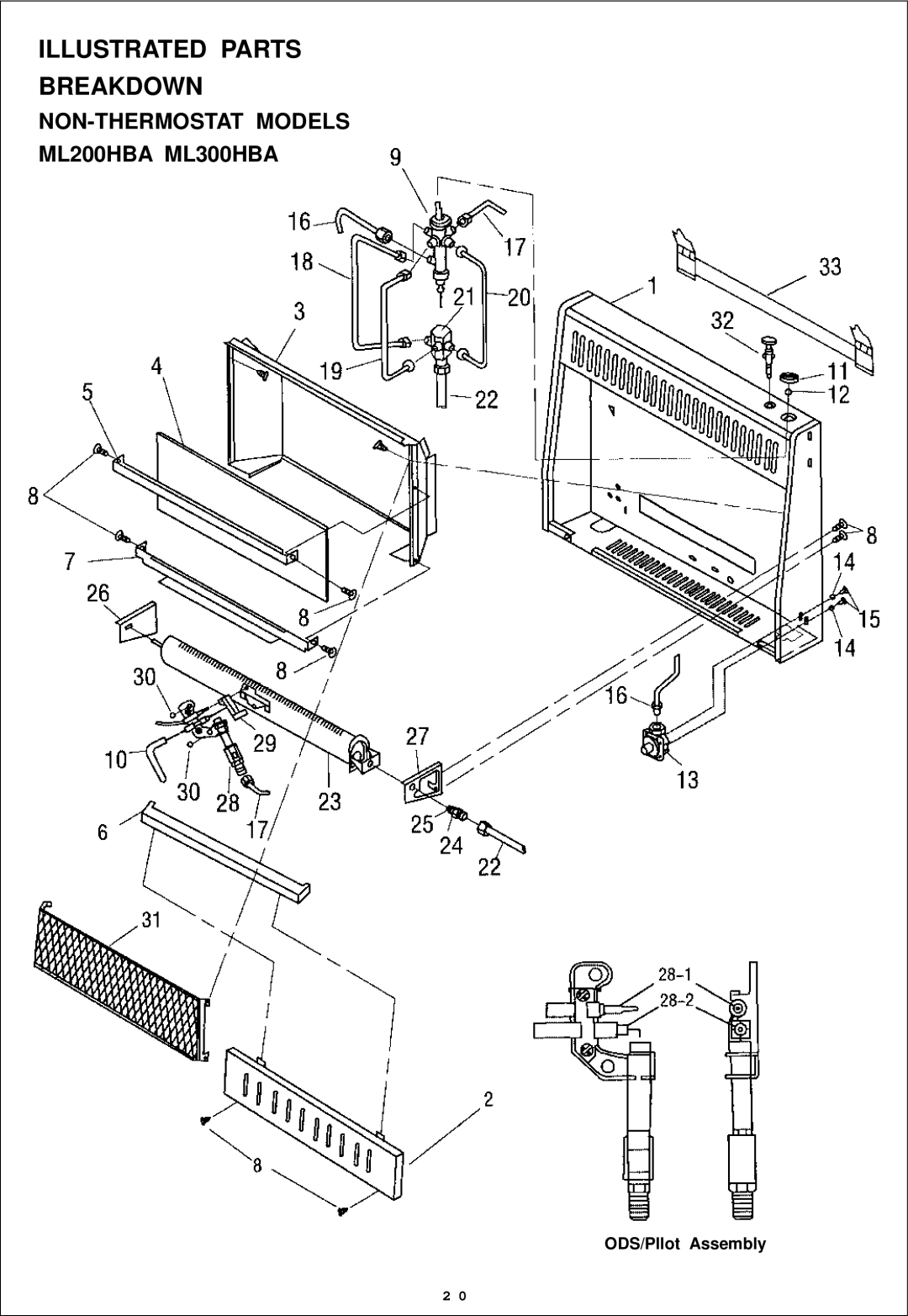 Procom ML200TBA, ML300TBA installation manual NON-THERMOSTAT Models ML200HBA ML300HBA, ODS/Pllot Assembly 