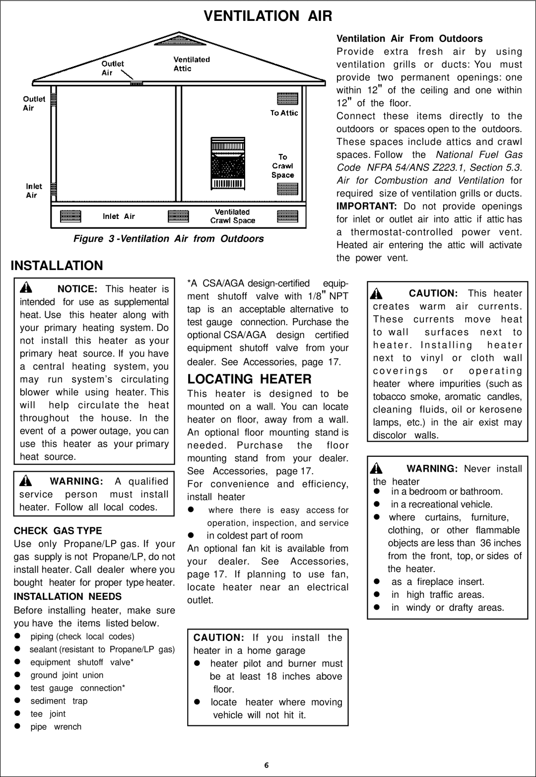 Procom ML300TBA, ML300HBA, ML200TBA, ML200HBA Ventilation AIR, Locating Heater, Check GAS Type, Installation Needs 