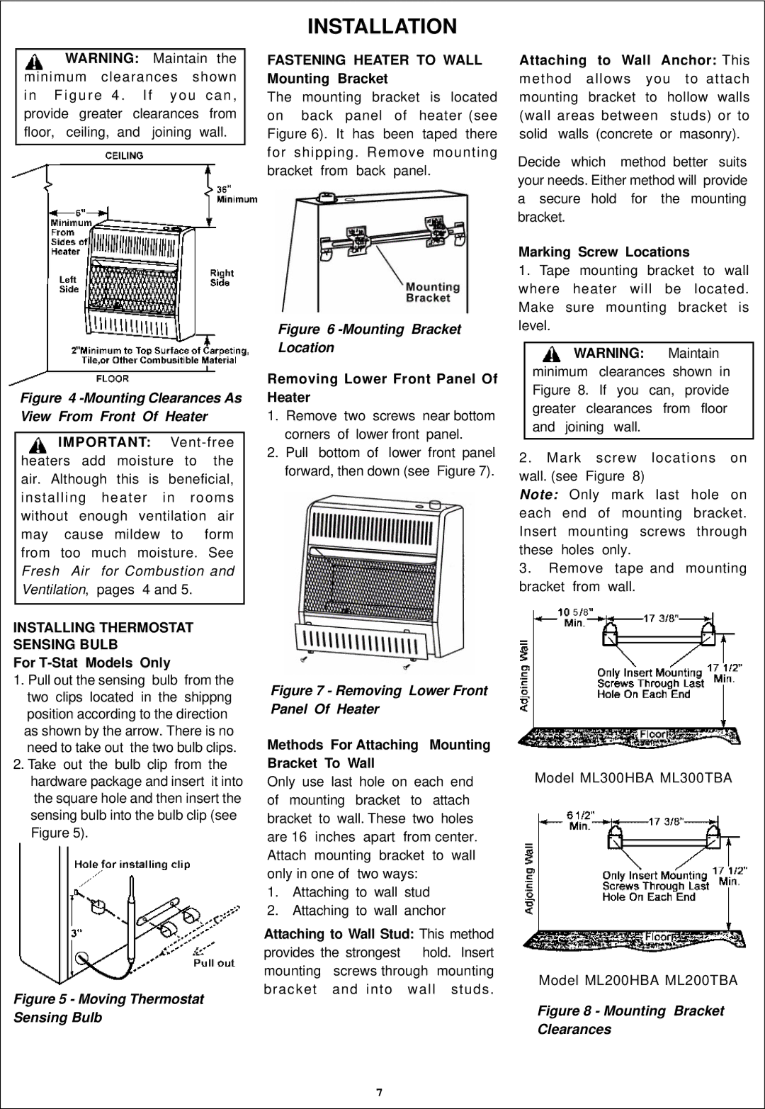 Procom ML200HBA, ML300HBA, ML200TBA, ML300TBA installation manual Installation, Installing Thermostat Sensing Bulb 