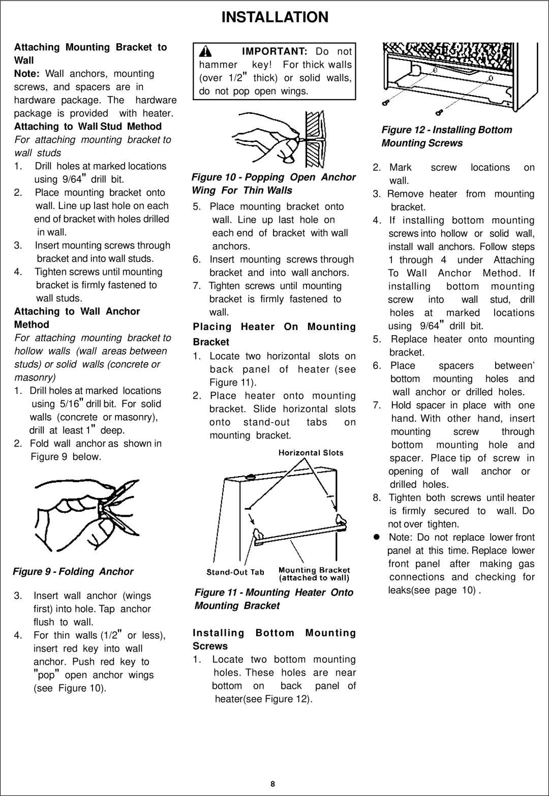 Procom ML300HBA, ML200TBA, ML300TBA Attaching to Wall Anchor Method, Important Do not, Placing Heater On Mounting Bracket 