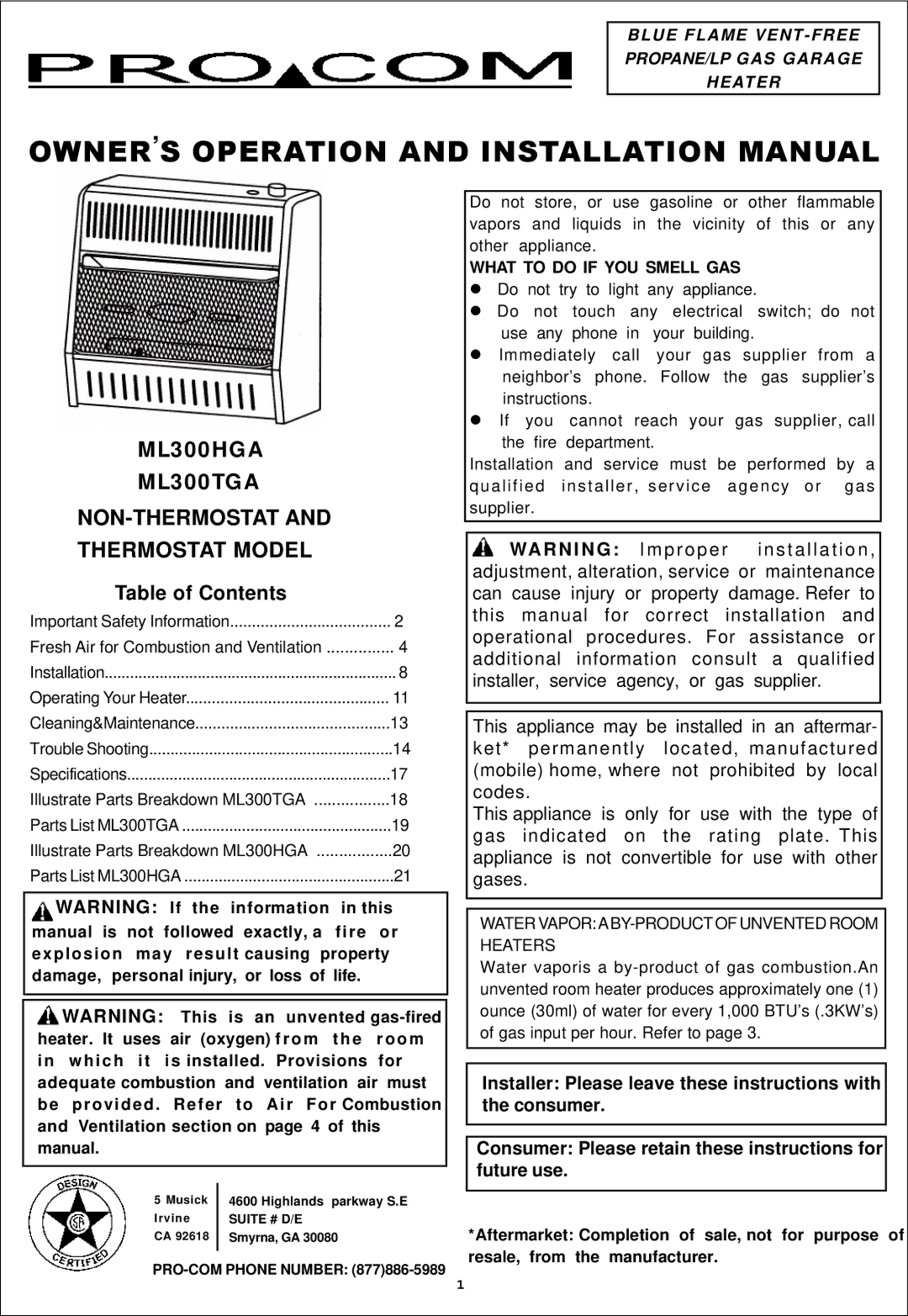 Procom ML300TGA, ML300HGA installation manual NON-THERMOSTAT Thermostat Model 