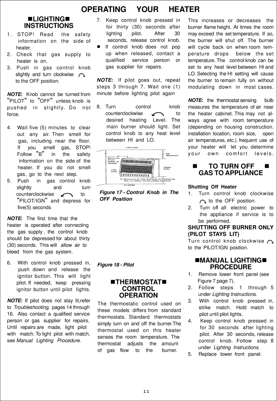 Procom ML300TGA, ML300HGA Instructions, To Turn OFF GAS to Appliance, Manual Lighting Procedure, Shutting Off Heater 