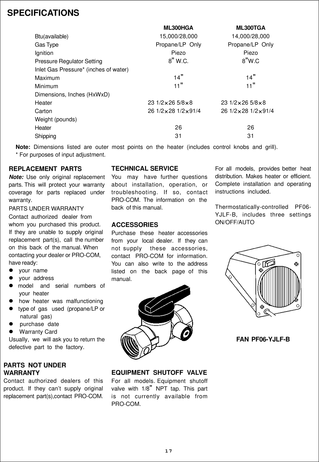 Procom installation manual Specifications, ML300HGA ML300TGA, On/Off/Auto, Pro-Com 