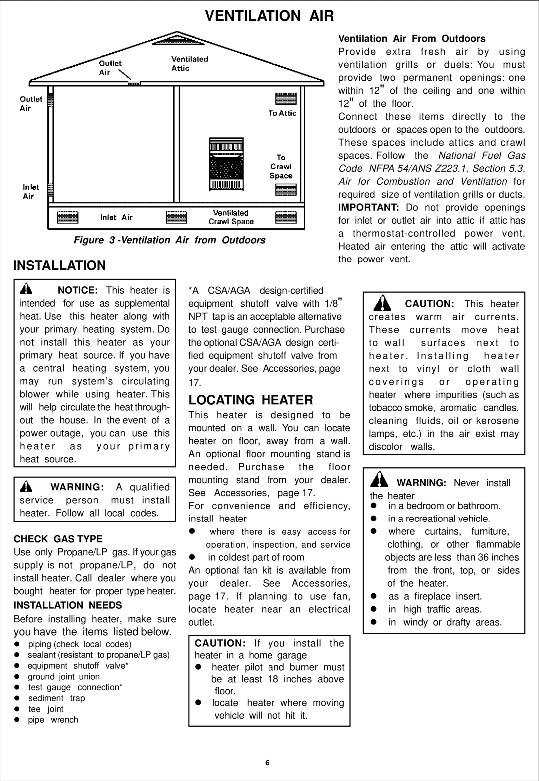 Procom ML300HGA, ML300TGA installation manual Ventilation AIR, Locating Heater, Check GAS Type, Installation Needs 