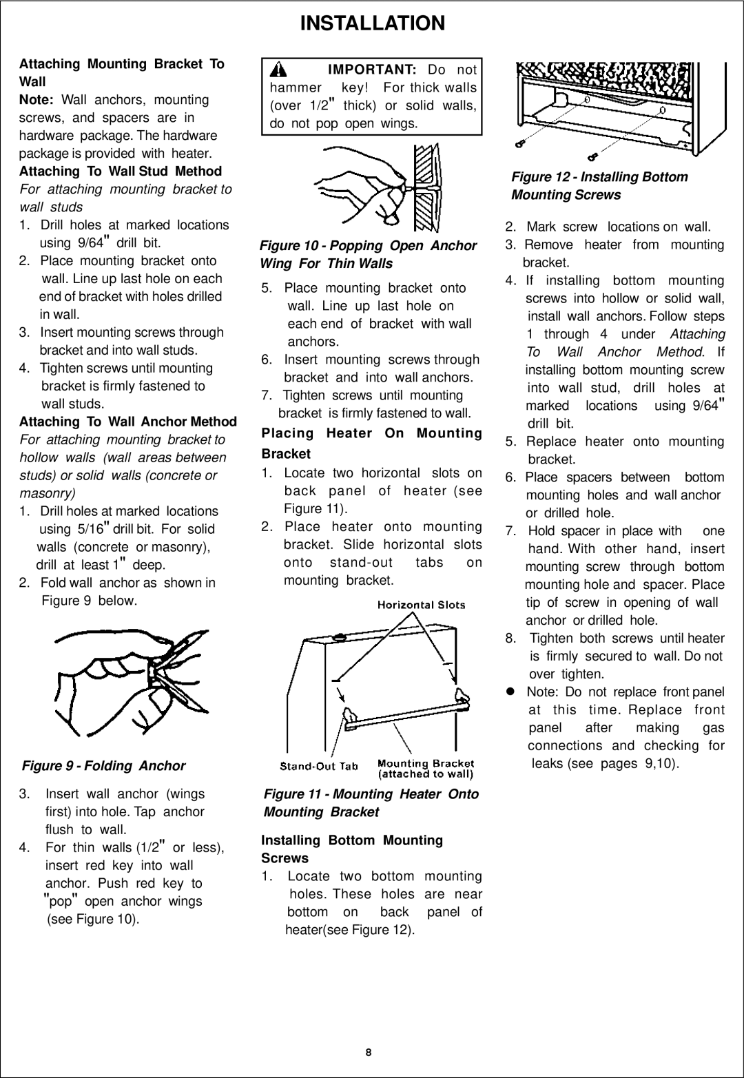 Procom ML300HGA Installation, Attaching To Wall Anchor Method, Important Do not, Placing Heater On Mounting Bracket 