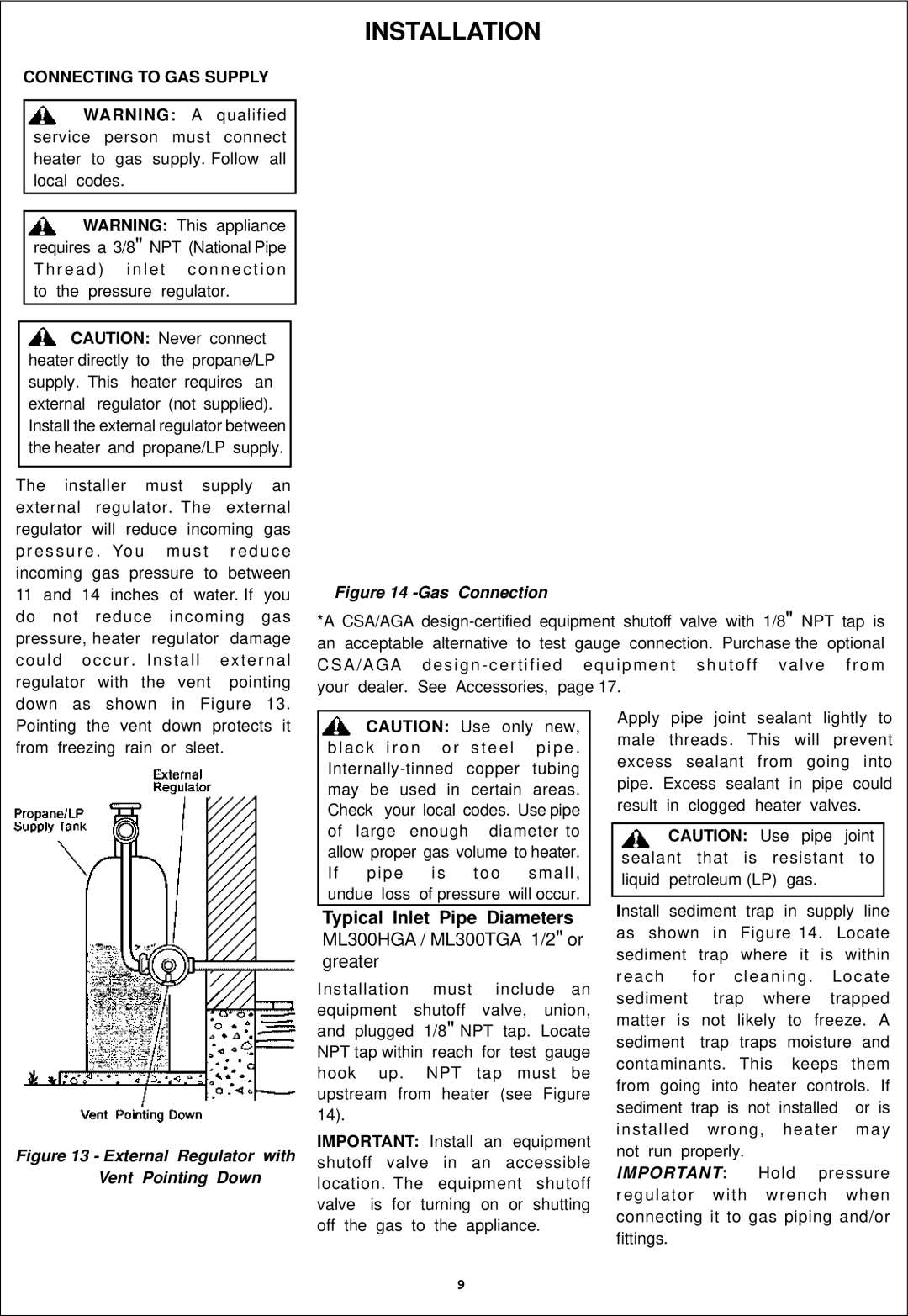 Procom ML300TGA, ML300HGA installation manual Typical Inlet Pipe Diameters, Connecting to GAS Supply 