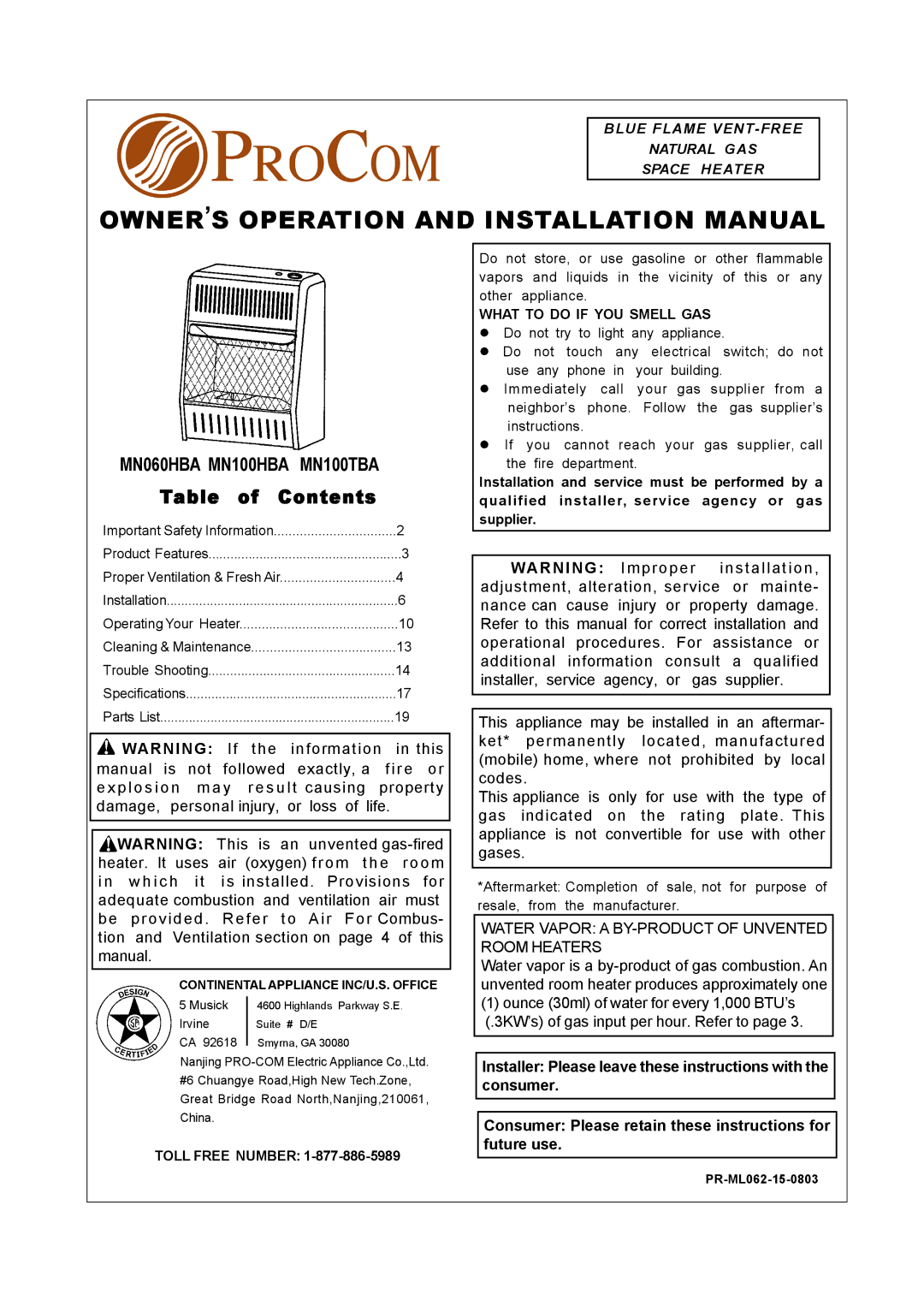 Procom installation manual OWNER’S Operation and Installation Manual, MN060HBA MN100HBA MN100TBA 