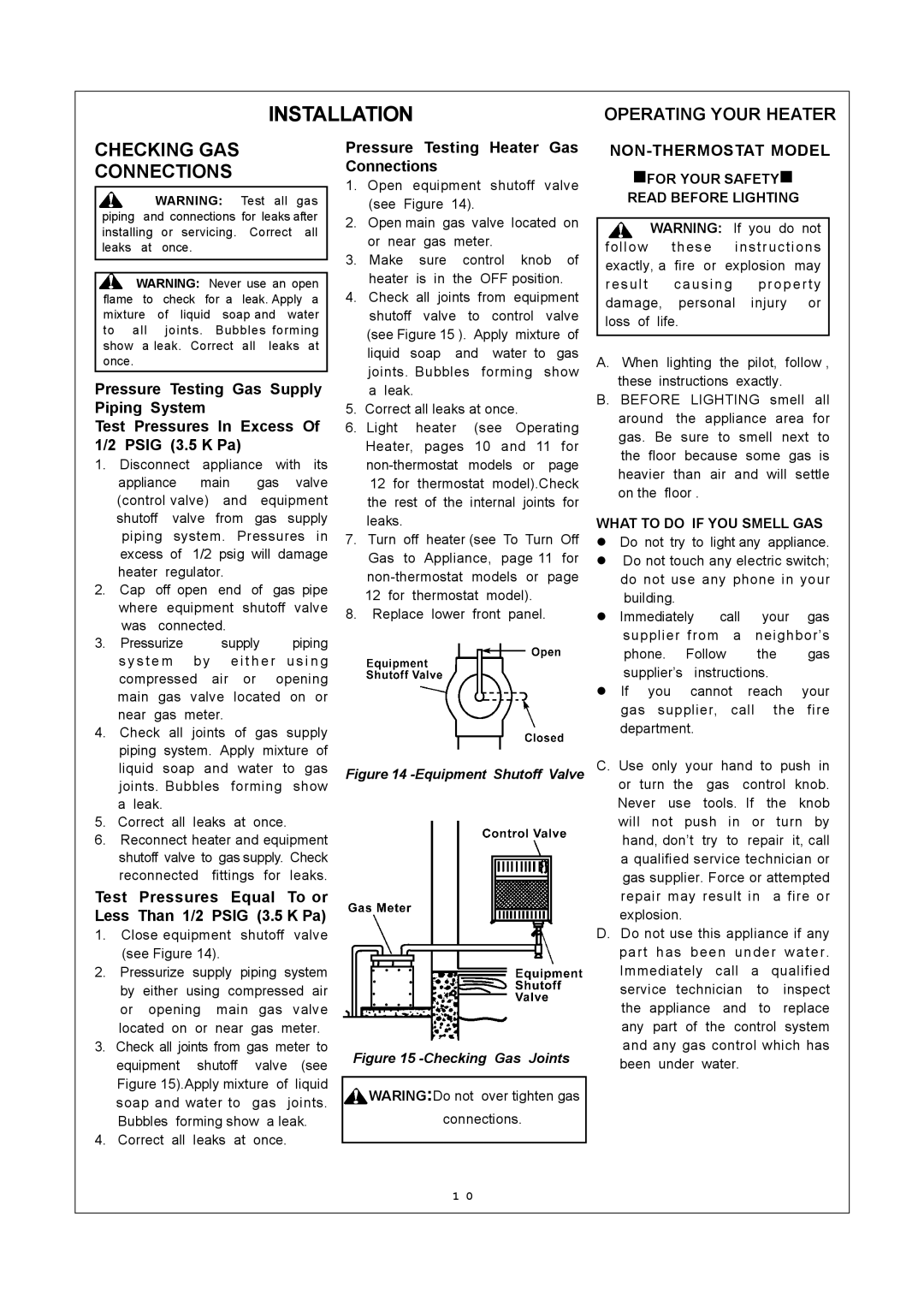 Procom MN060HBA, MN100HBA, MN100TBA Checking GAS Connections, NON-THERMOSTAT Model, NFOR Your SAFETYn, Read Before Lighting 