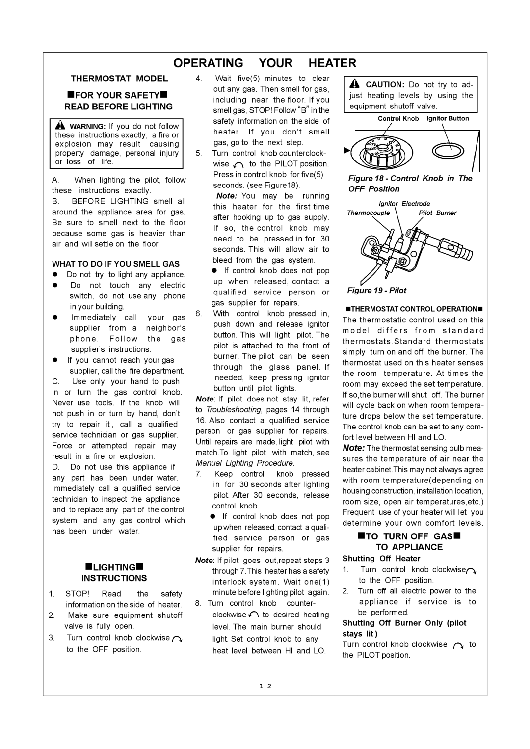 Procom MN100HBA, MN060HBA, MN100TBA Operating Your Heater, Thermostat Model, Read Before Lighting, To Appliance 