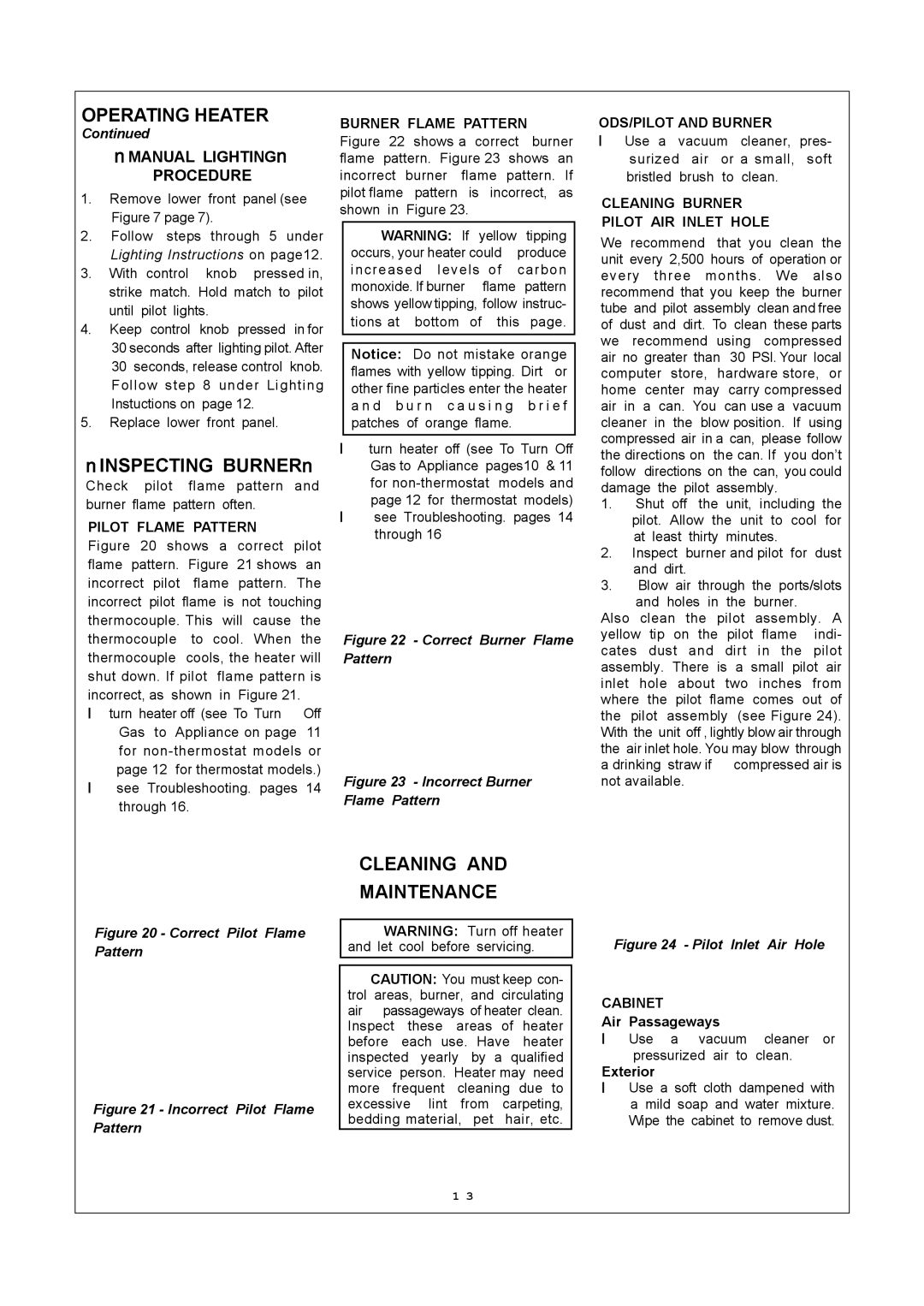 Procom MN060HBA, MN100HBA, MN100TBA installation manual Operating Heater, Cleaning Maintenance 