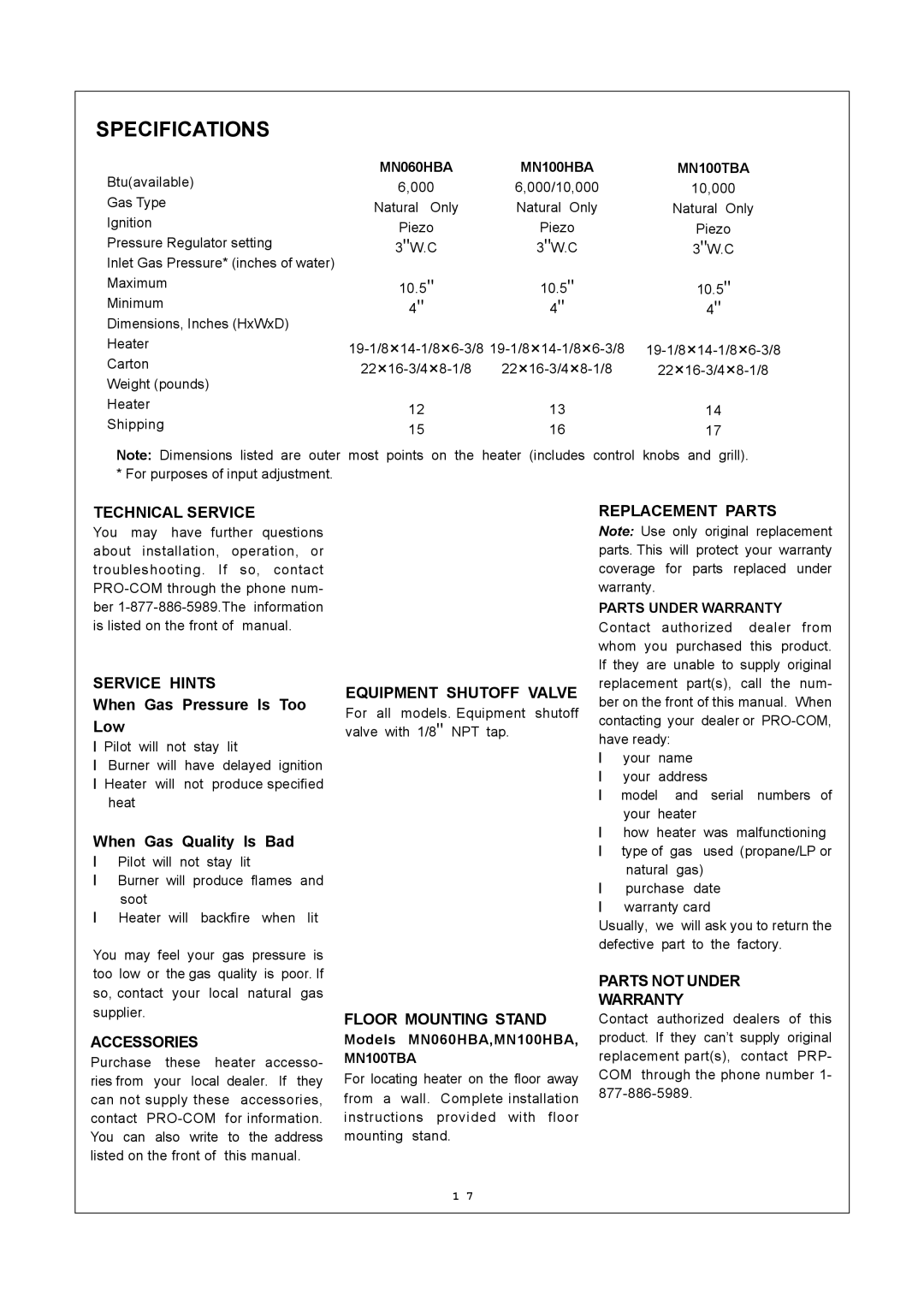 Procom MN100TBA, MN100HBA, MN060HBA installation manual Specifications 