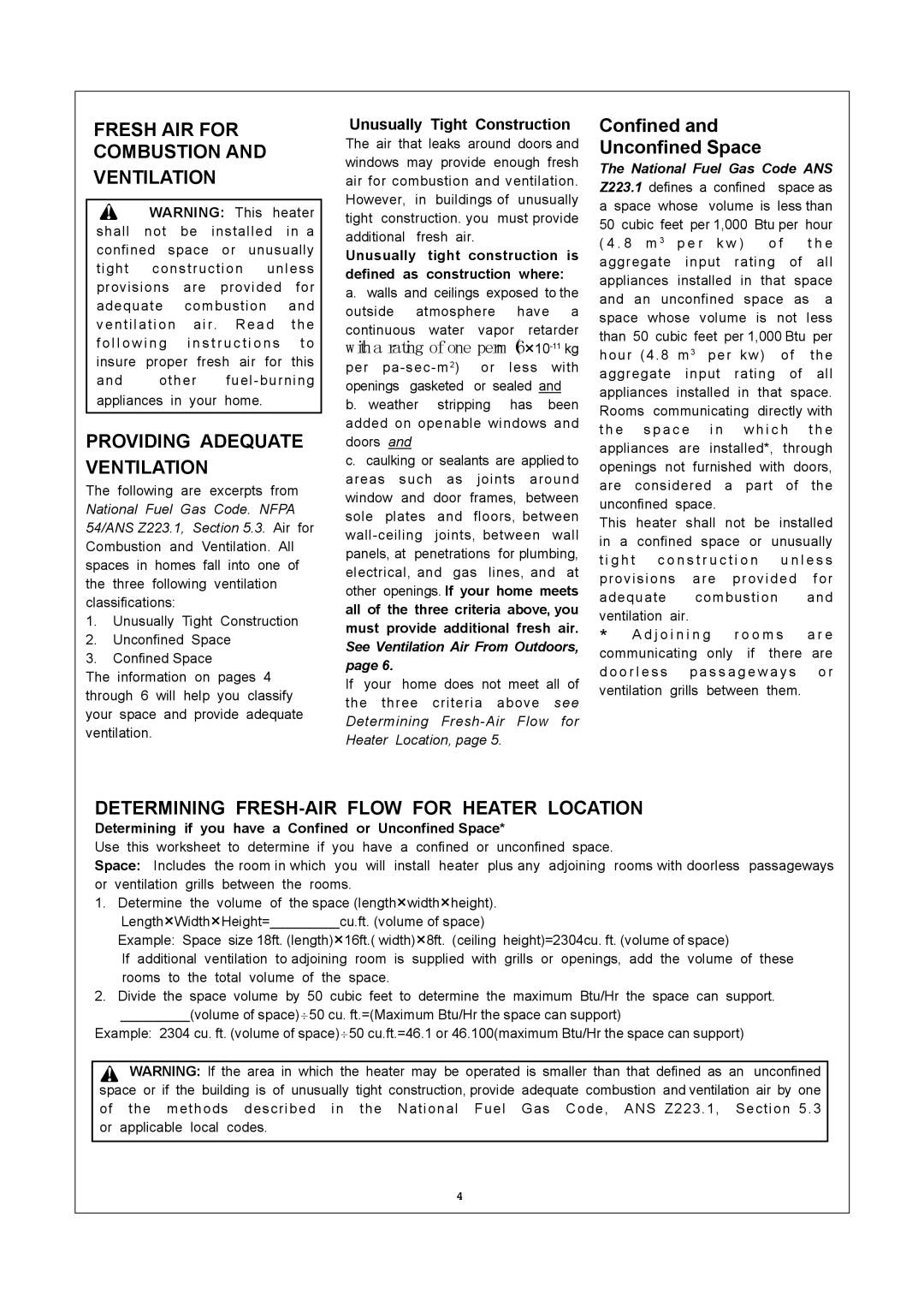 Procom MN060HBA, MN100HBA, MN100TBA installation manual Fresh AIR for Combustion Ventilation, Providing Adequate Ventilation 