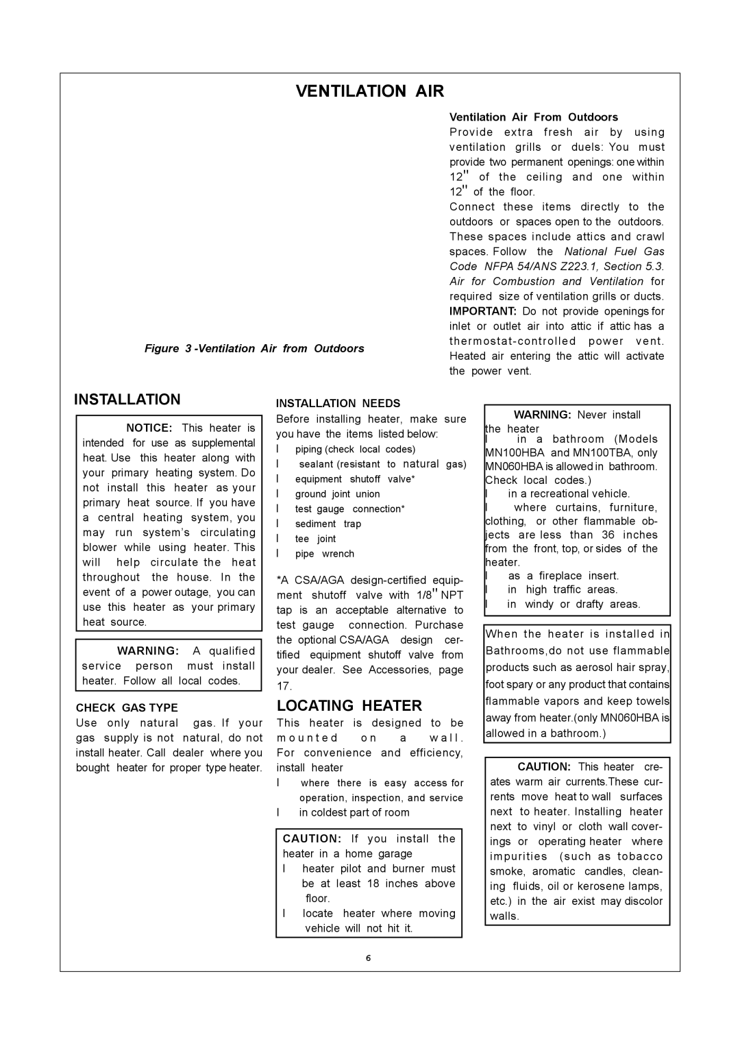 Procom MN100HBA, MN060HBA, MN100TBA Ventilation AIR, Locating Heater, Check GAS Type, Installation Needs 