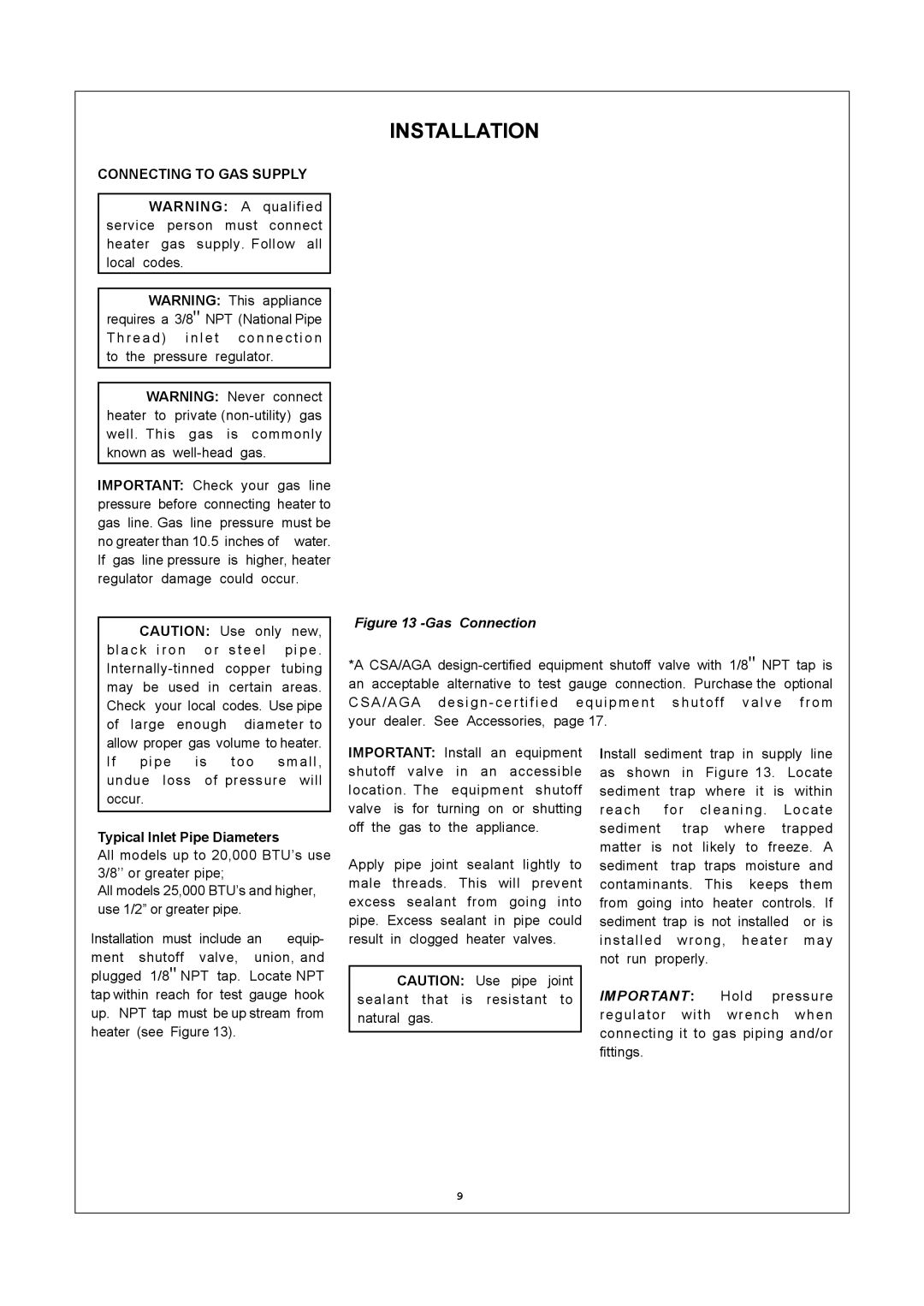 Procom MN100HBA, MN060HBA, MN100TBA installation manual Connecting to GAS Supply, Typical Inlet Pipe Diameters 