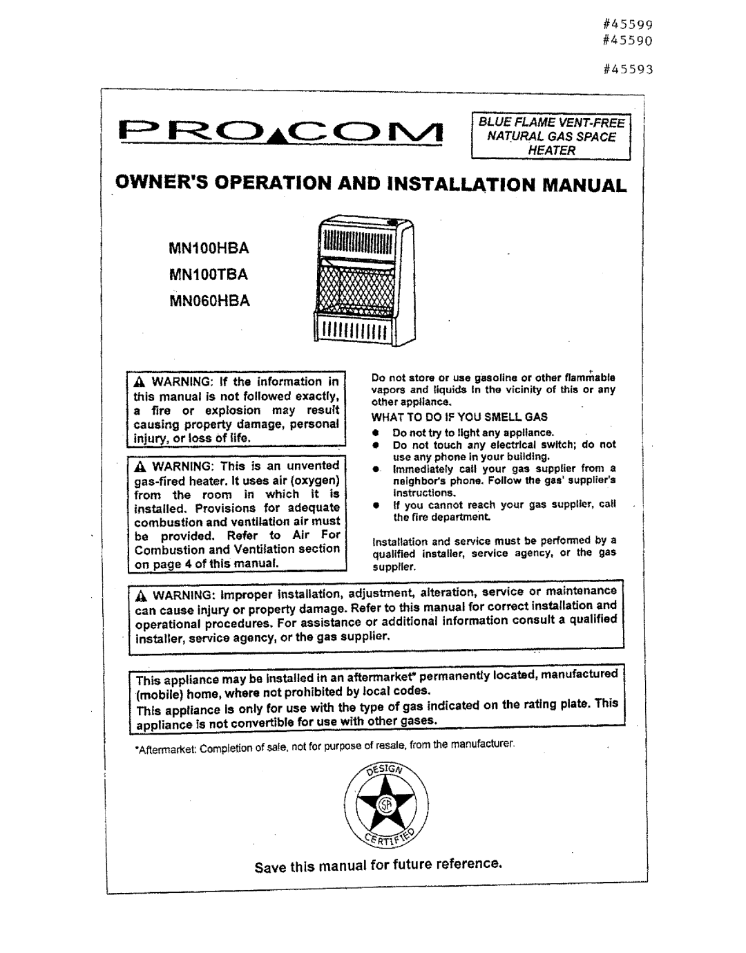 Procom installation manual MN060HBA MN100HBA MN100TBA Table of Contents, Owner’S Operation And Installation Manual 