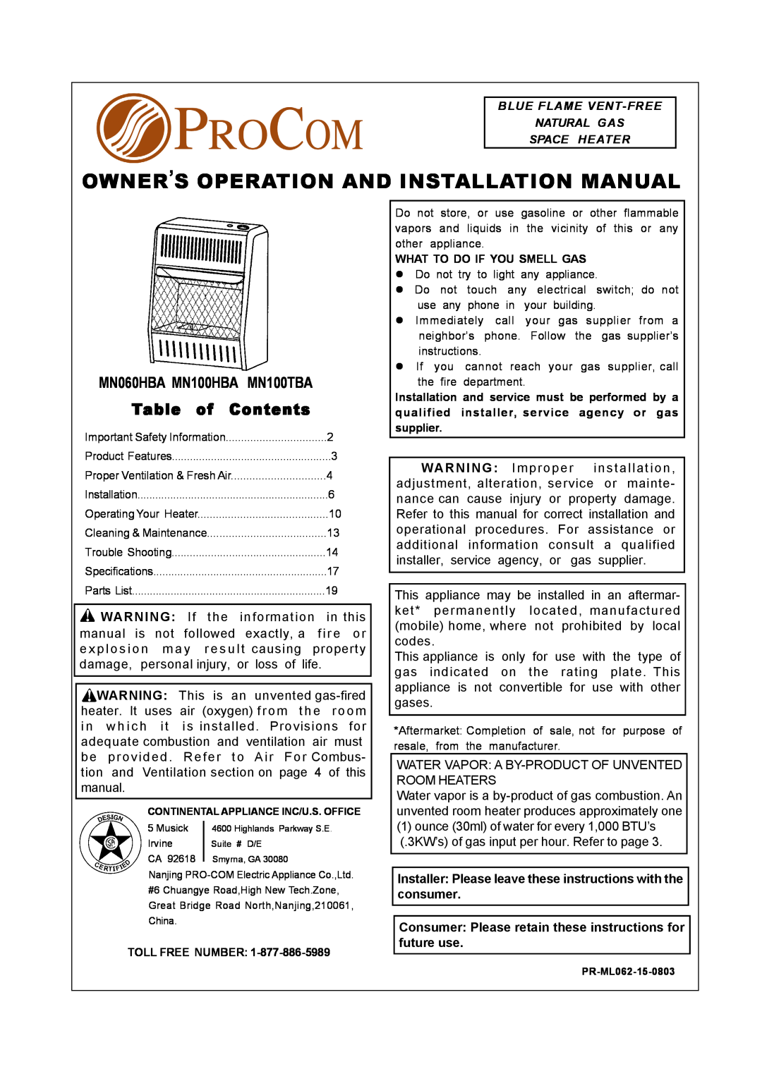 Procom installation manual MN060HBA MN100HBA MN100TBA Table of Contents, Owner’S Operation And Installation Manual 