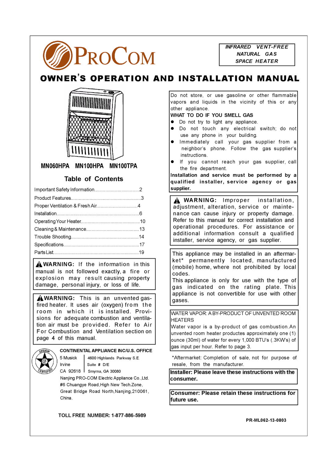 Procom installation manual OWNER’S Operation and Installation Manual, MN060HPA MN100HPA MN100TPA 