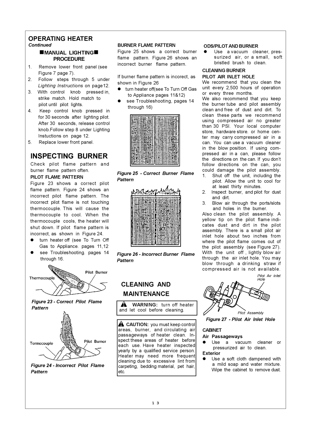 Procom MN100HPA, MN100TPA, MN060HPA installation manual Inspecting Burner, Operating Heater, Cleaning Maintenance 