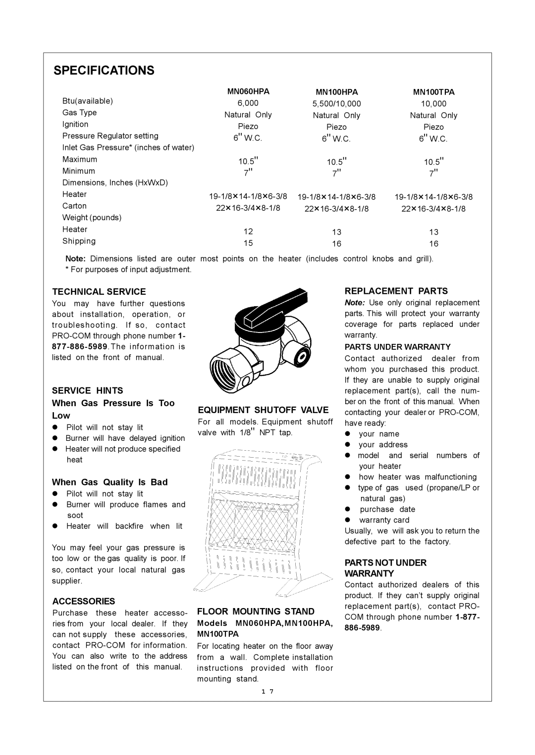 Procom installation manual Specifications, MN060HPA MN100HPA, Parts Under Warranty, Models MN060HPA,MN100HPA, MN100TPA 