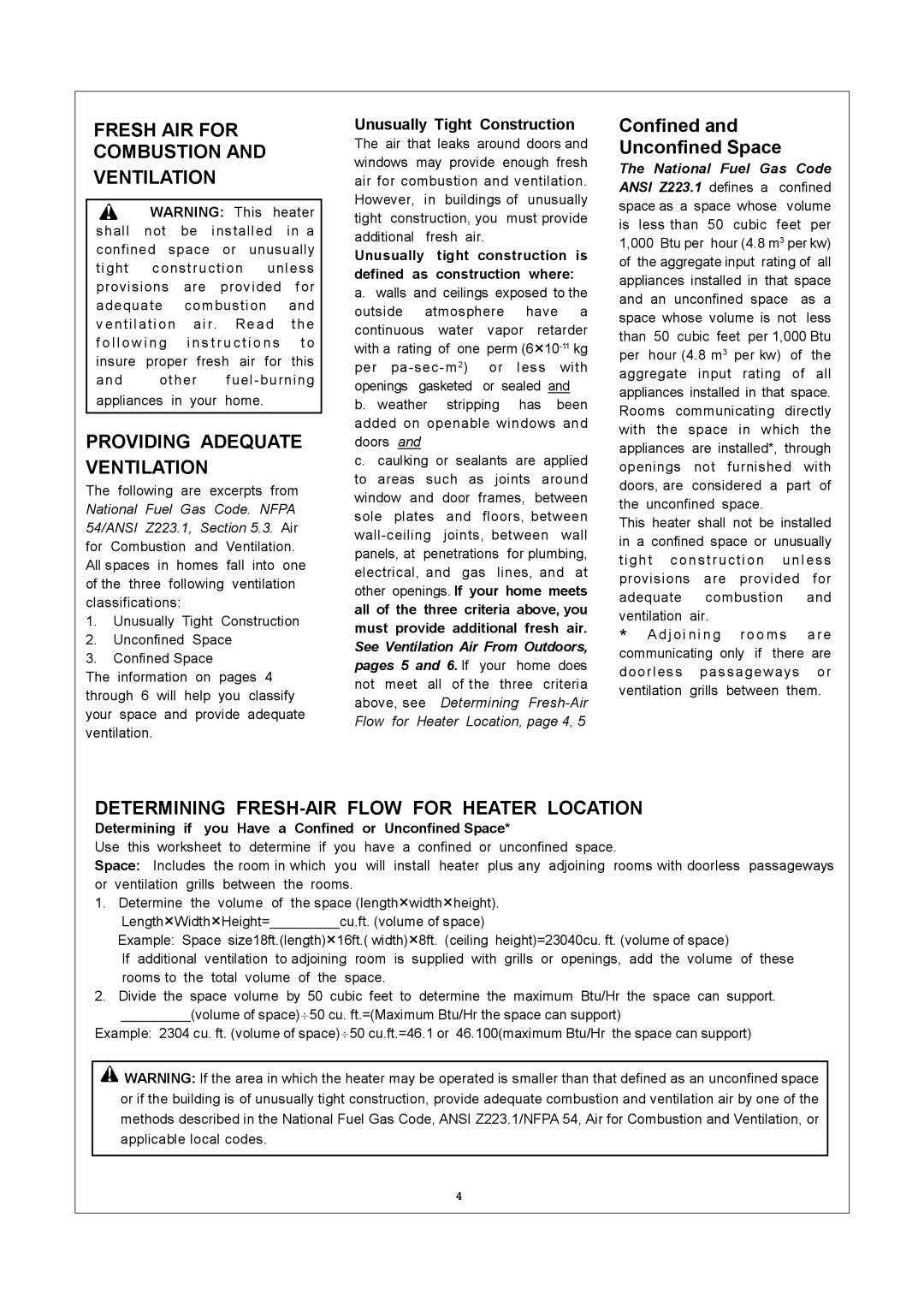 Procom MN100HPA, MN100TPA, MN060HPA installation manual Fresh AIR for Combustion Ventilation, Providing Adequate Ventilation 