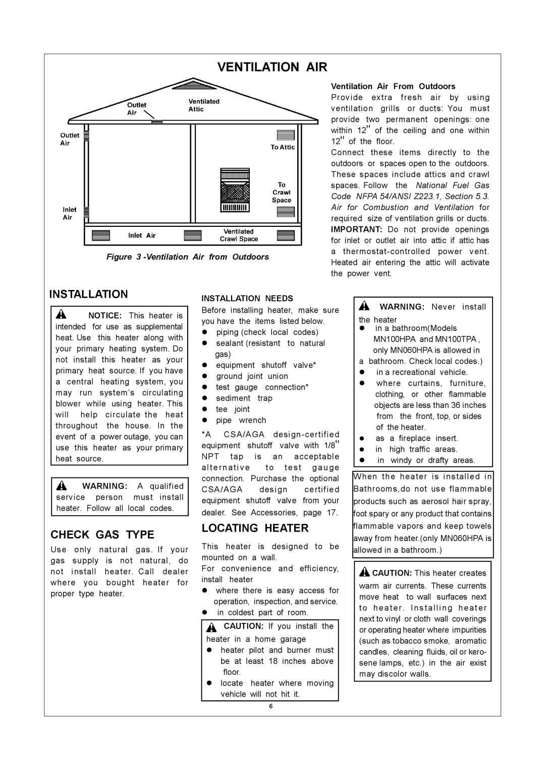 Procom MN100TPA, MN100HPA Ventilation AIR, Installation Check GAS Type, Locating Heater, Ventilation Air From Outdoors 