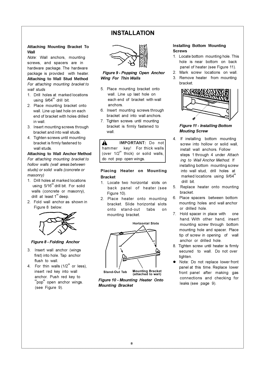 Procom MN060HPA, MN100TPA, MN100HPA installation manual Placing Heater on Mounting Bracket, Installing Bottom Mounting Screws 