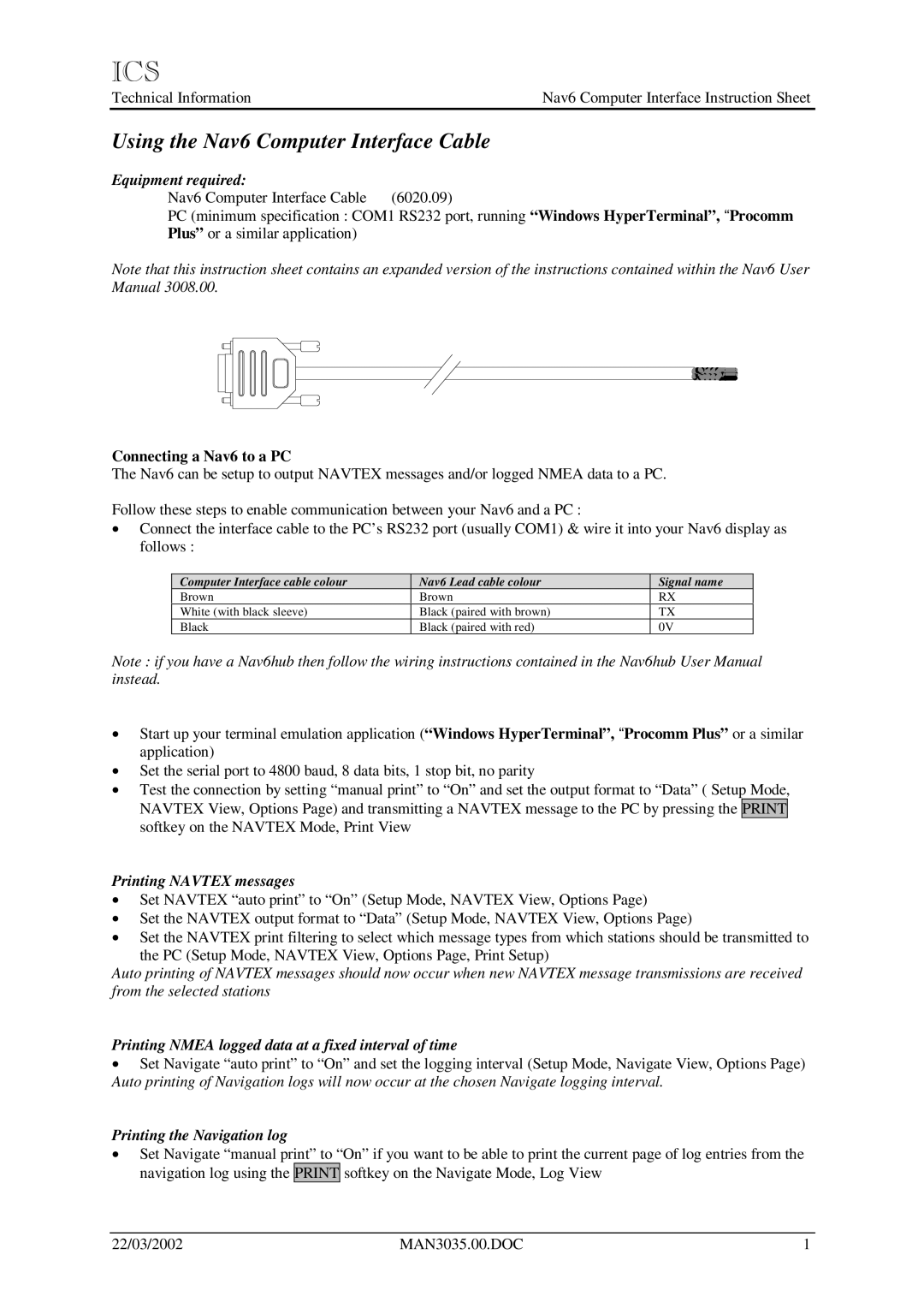 Procom instruction sheet Ics, Using the Nav6 Computer Interface Cable 