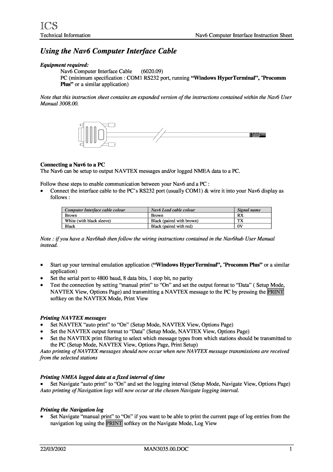 Procom instruction sheet Using the Nav6 Computer Interface Cable, Equipment required, Connecting a Nav6 to a PC 