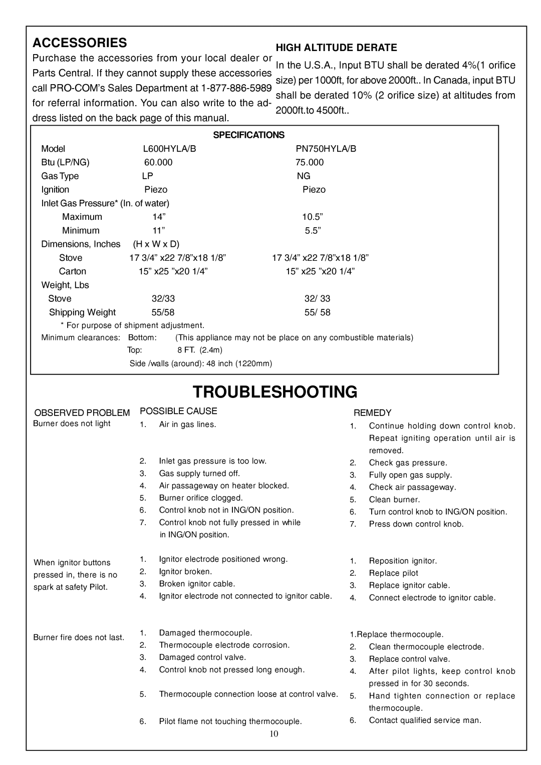 Procom PL600HYLB, PN750HYLB, PN750HYLA, PL600HYLA installation manual Troubleshooting, Accessories, High Altitude Derate 