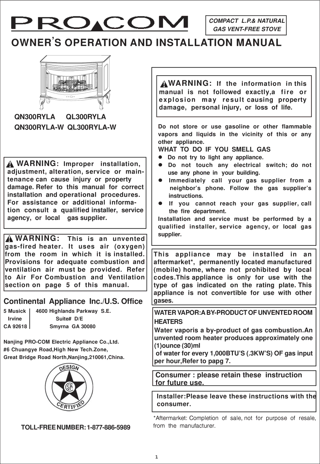 Procom QN300RYLA-W, QL300RYLA-W installation manual OWNER’S Operation and Installation Manual 