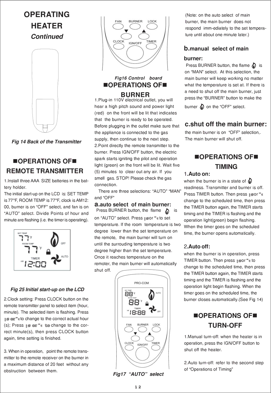 Procom QL300RYLA, QN300RYLA-W Operations Remote Transmitter, Operations Burner, Operations Timing, Operations TURN-OFF 