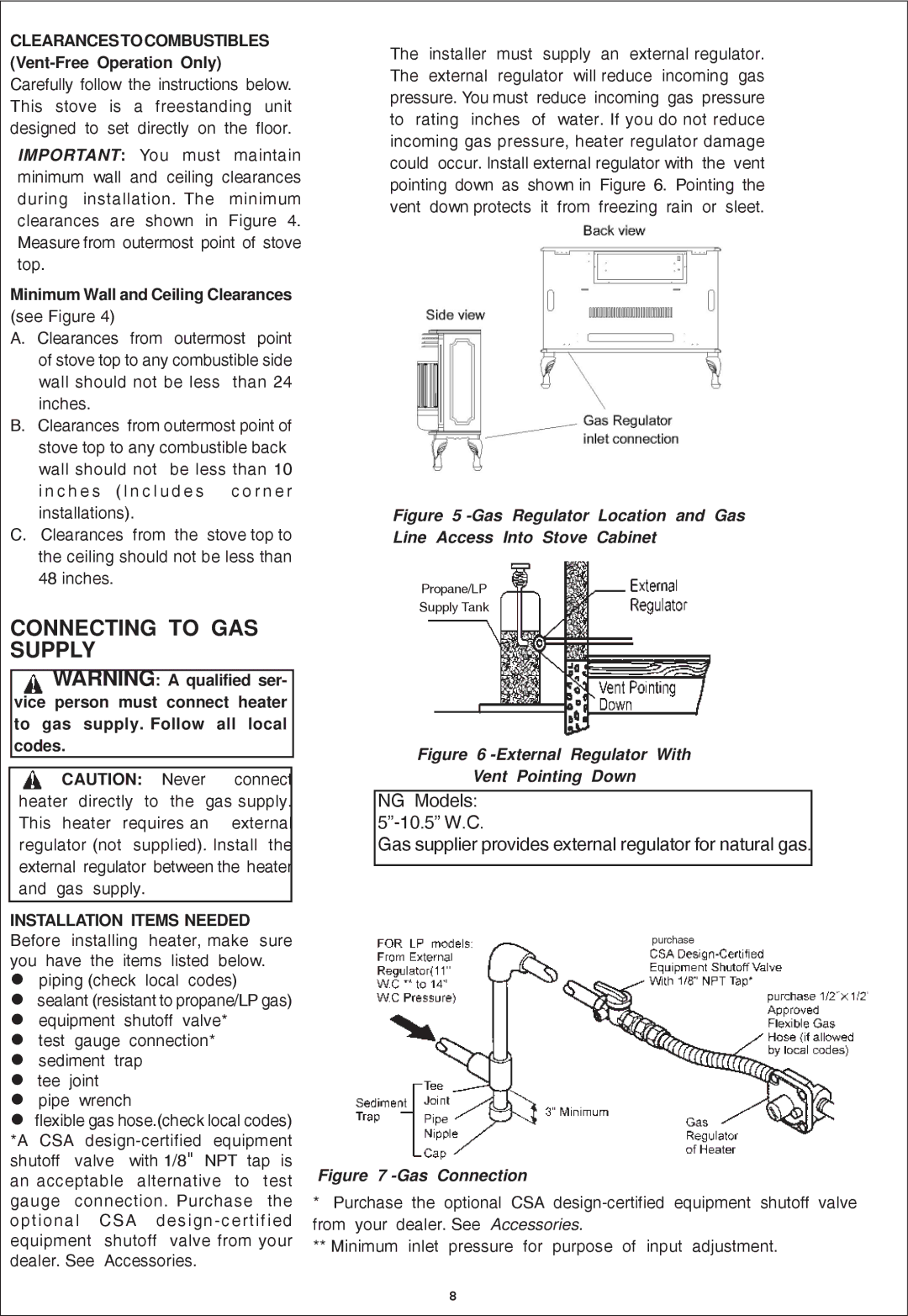 Procom QN300RYLA-W, QL300RYLA-W installation manual Connecting to GAS Supply, Minimum Wall and Ceiling Clearances 