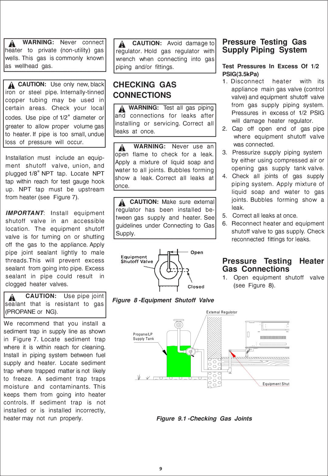 Procom QN300RYLA-W, QL300RYLA-W installation manual Checking GAS Connections, Test Pressures In Excess Of 1/2 PSIG3.5kPa 