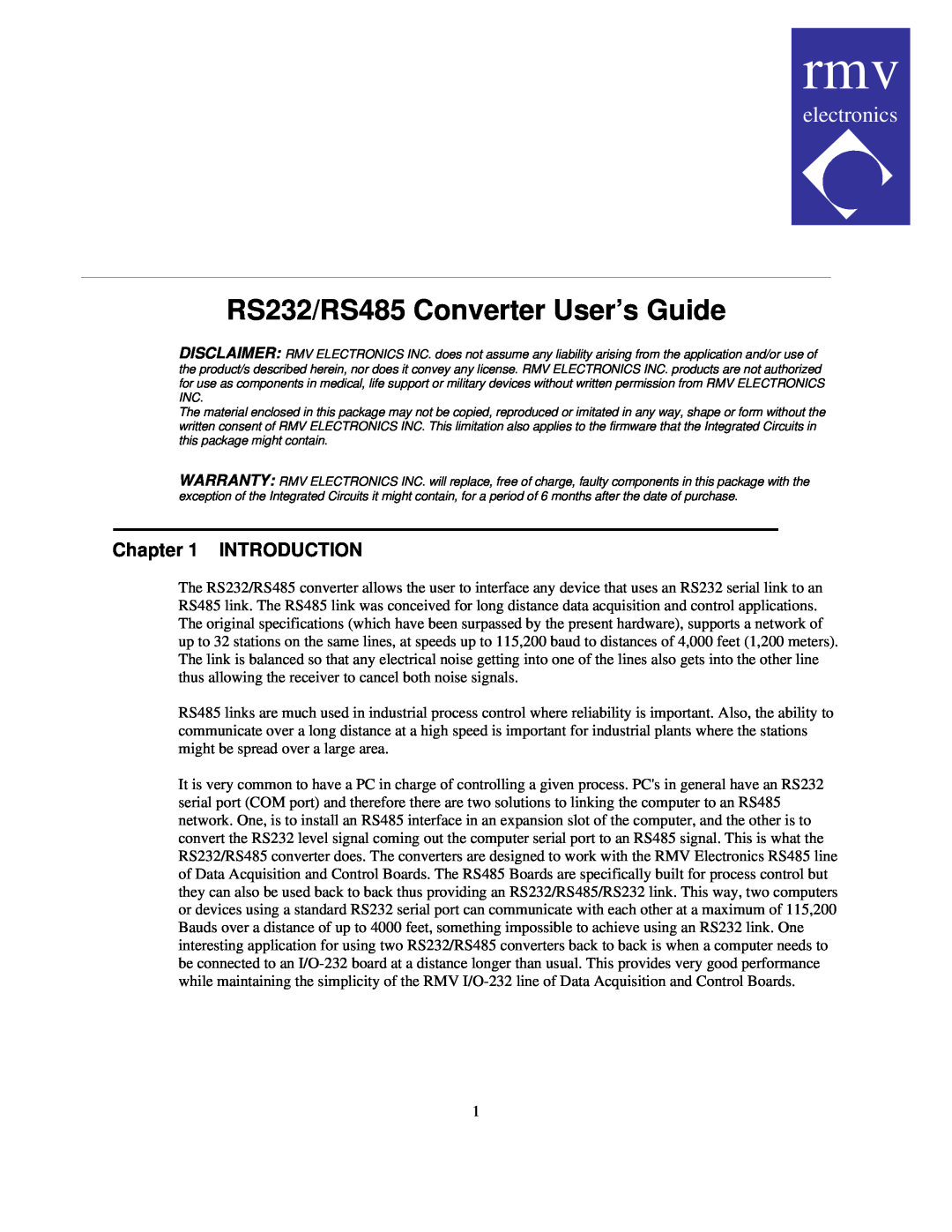Procom warranty Introduction, RS232/RS485 Converter User’s Guide, electronics 