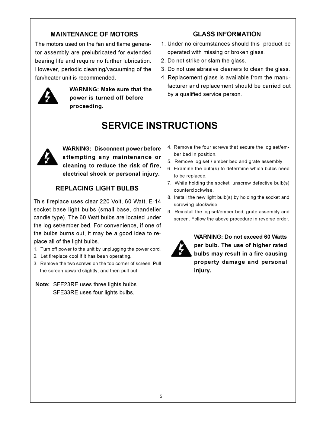 Procom SFE23RE, SFE33RE installation instructions Service Instructions, Maintenance of Motors 